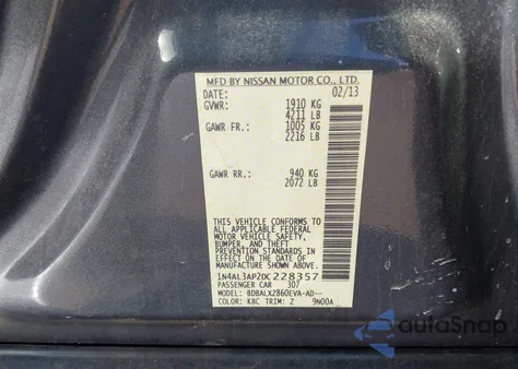 2013 Nissan Altima 2.5 Sl из США, поврежденный, VIN 1N4AL3AP2DC228357